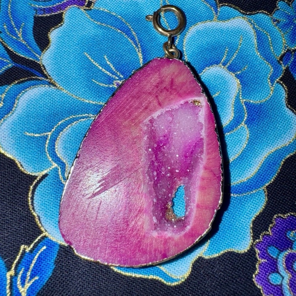 Agate Pink Slab Gold Plated Pendant, Handmade